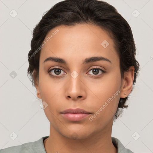 Neutral white young-adult female with short  brown hair and brown eyes