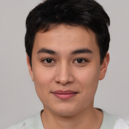 Joyful asian young-adult male with short  brown hair and brown eyes