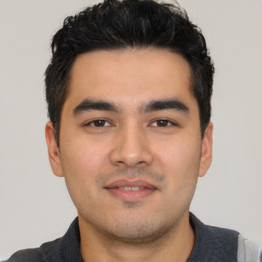 Neutral white young-adult male with short  black hair and brown eyes