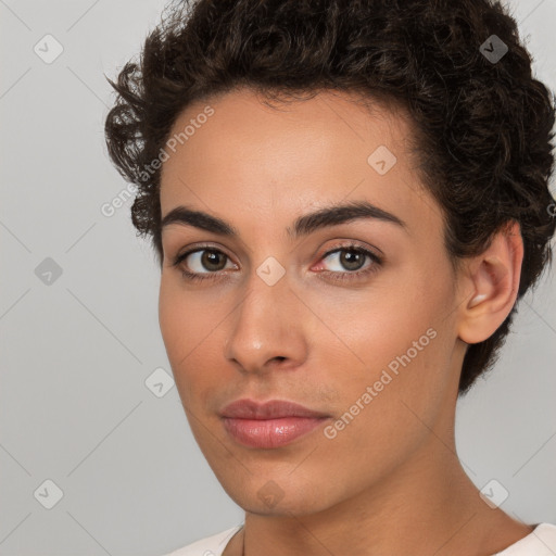 Neutral white young-adult female with short  brown hair and brown eyes