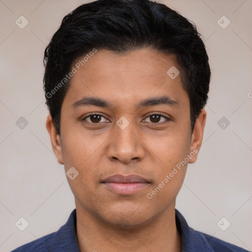 Neutral latino young-adult male with short  black hair and brown eyes