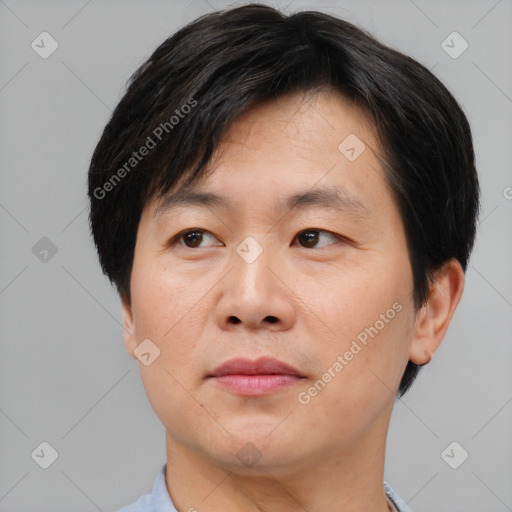 Joyful asian young-adult male with short  brown hair and brown eyes