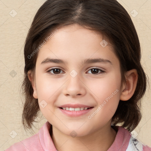 Joyful white child female with medium  brown hair and brown eyes