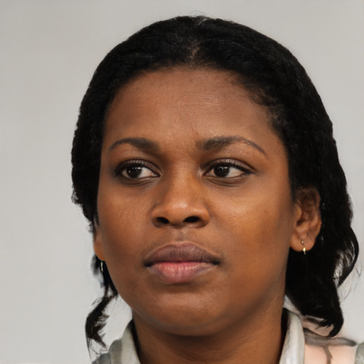 Neutral black young-adult female with medium  black hair and brown eyes