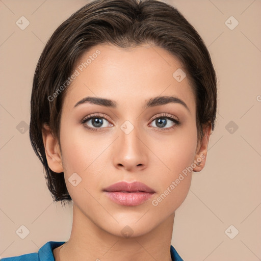 Neutral white young-adult female with medium  brown hair and brown eyes