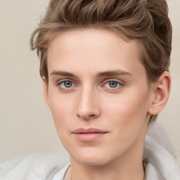 Neutral white young-adult female with short  brown hair and grey eyes