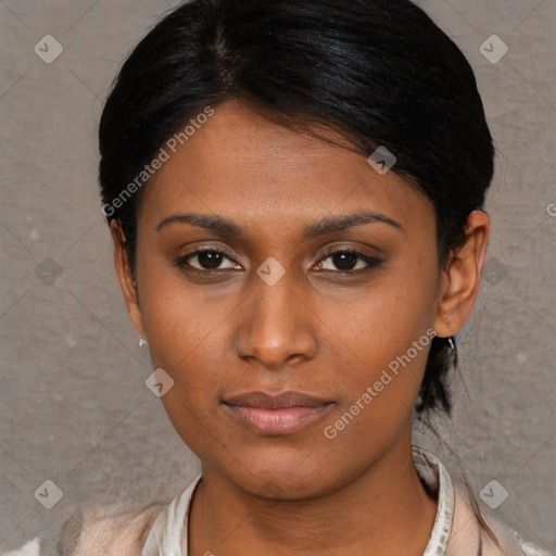 Neutral asian young-adult female with short  black hair and brown eyes
