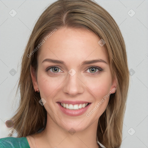 Joyful white young-adult female with medium  brown hair and green eyes