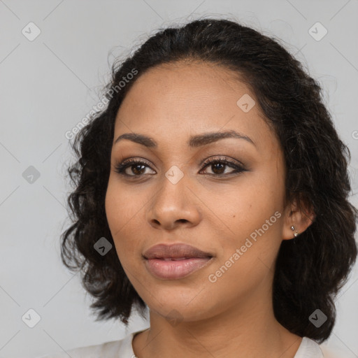 Joyful latino young-adult female with medium  black hair and brown eyes