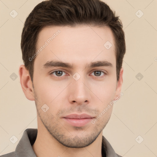 Neutral white young-adult male with short  brown hair and brown eyes