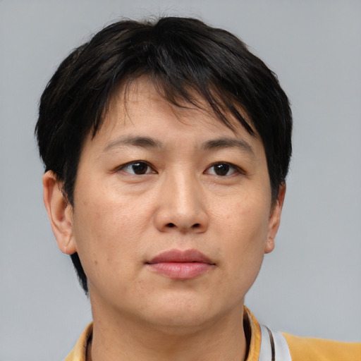 Neutral asian adult female with short  brown hair and brown eyes