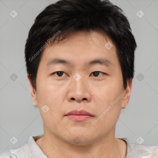 Neutral asian young-adult male with short  brown hair and brown eyes