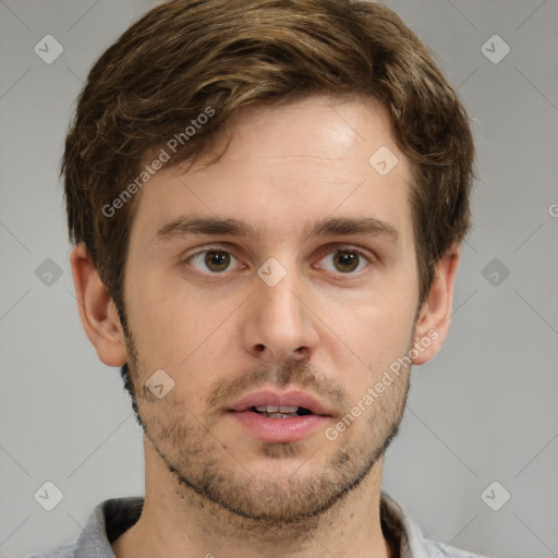 Neutral white young-adult male with short  brown hair and brown eyes