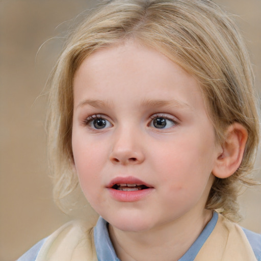 Neutral white child female with medium  brown hair and blue eyes