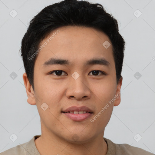 Joyful asian young-adult male with short  brown hair and brown eyes