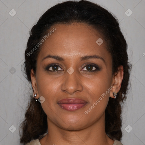 Joyful black young-adult female with medium  brown hair and brown eyes