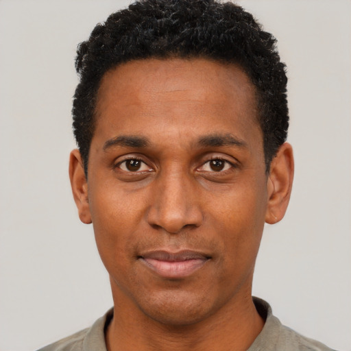 Neutral black adult male with short  black hair and brown eyes