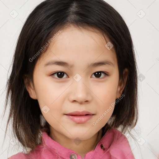 Joyful white child female with medium  brown hair and brown eyes