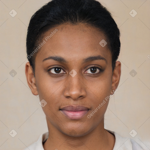 Joyful latino young-adult female with short  black hair and brown eyes