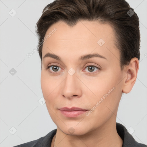 Neutral white young-adult female with short  brown hair and brown eyes