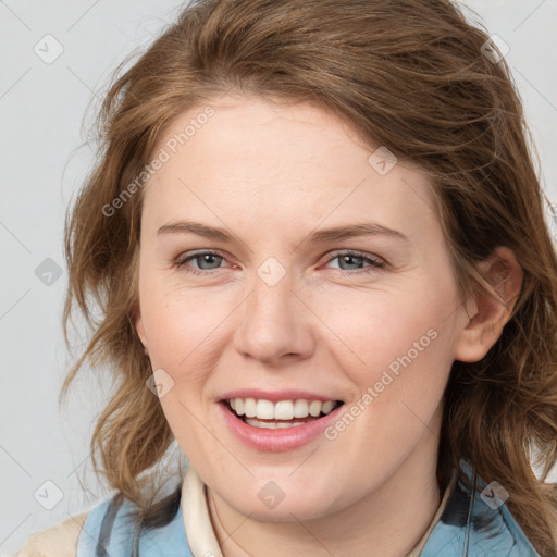 Joyful white young-adult female with medium  brown hair and blue eyes