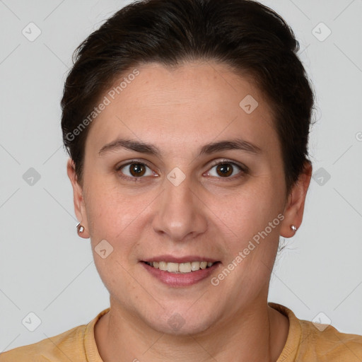 Joyful white young-adult female with short  brown hair and brown eyes