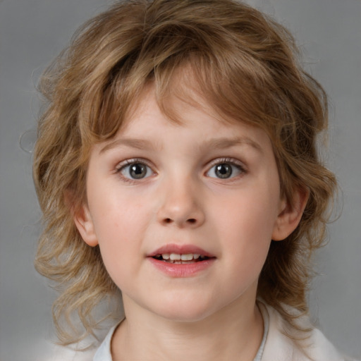 Neutral white child female with medium  brown hair and blue eyes