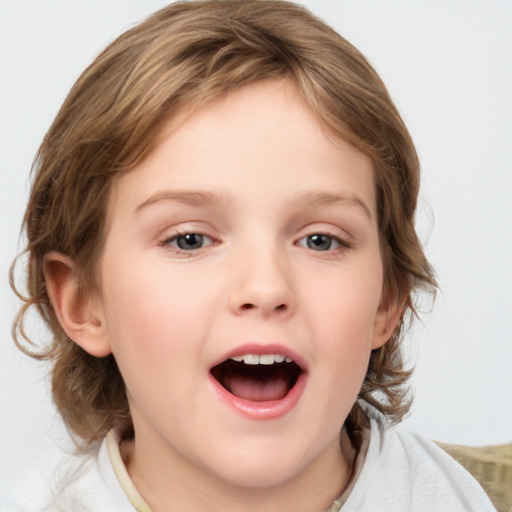 Joyful white child female with medium  brown hair and blue eyes