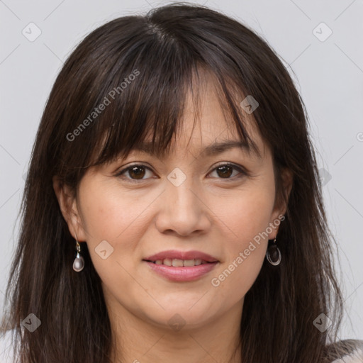 Joyful white adult female with medium  brown hair and brown eyes