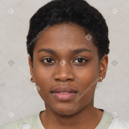 Neutral black young-adult female with short  black hair and brown eyes