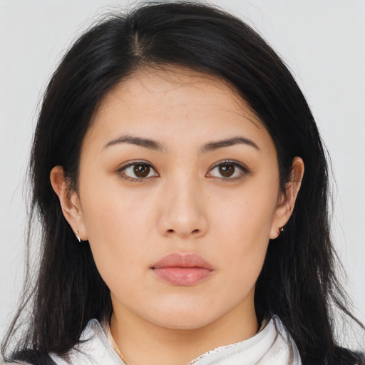 Neutral asian young-adult female with medium  black hair and brown eyes