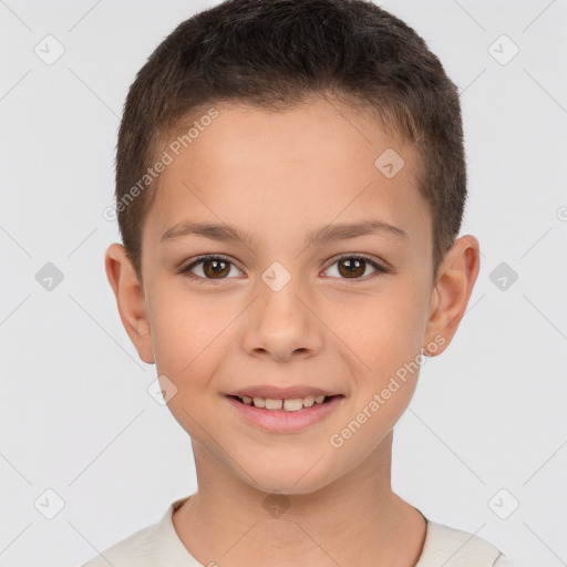 Joyful white child female with short  brown hair and brown eyes