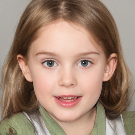 Joyful white child female with medium  brown hair and blue eyes