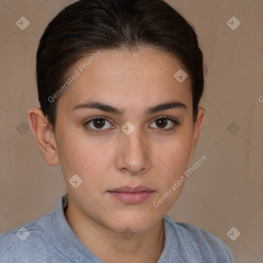 Neutral white young-adult female with medium  brown hair and brown eyes