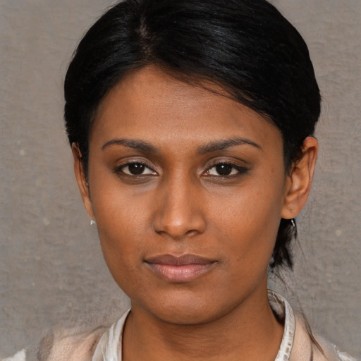 Neutral asian young-adult female with short  black hair and brown eyes