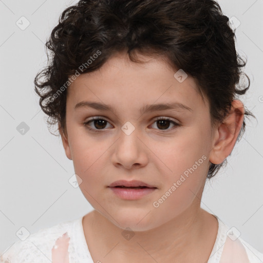 Joyful white child female with short  brown hair and brown eyes