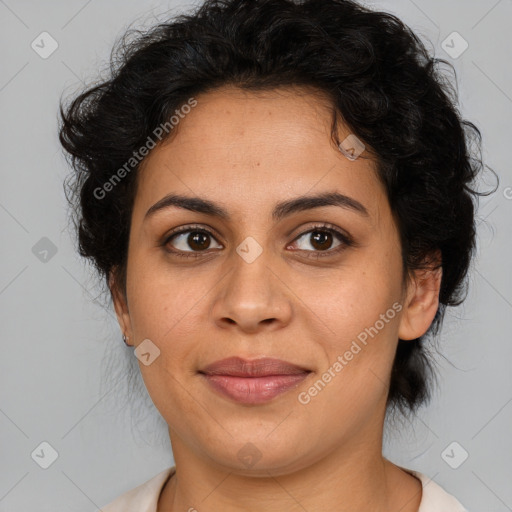 Joyful latino young-adult female with medium  brown hair and brown eyes