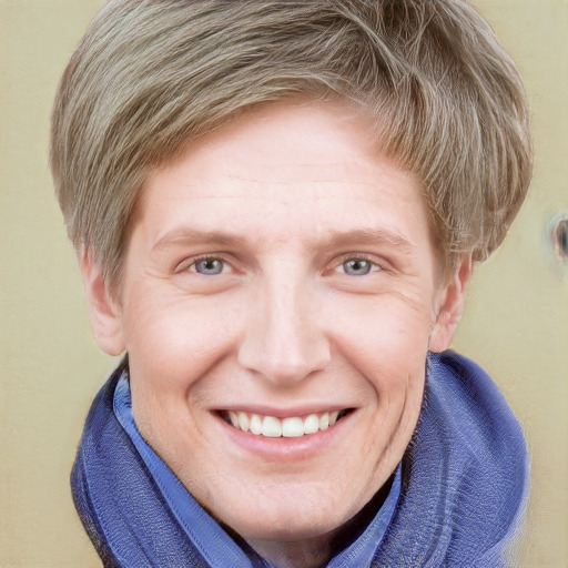 Joyful white young-adult male with short  brown hair and blue eyes