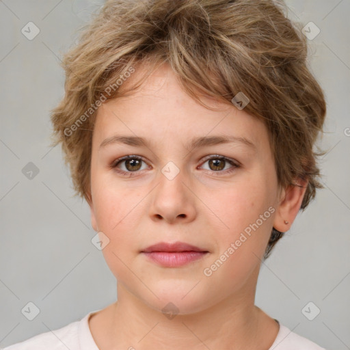 Neutral white young-adult female with short  brown hair and brown eyes