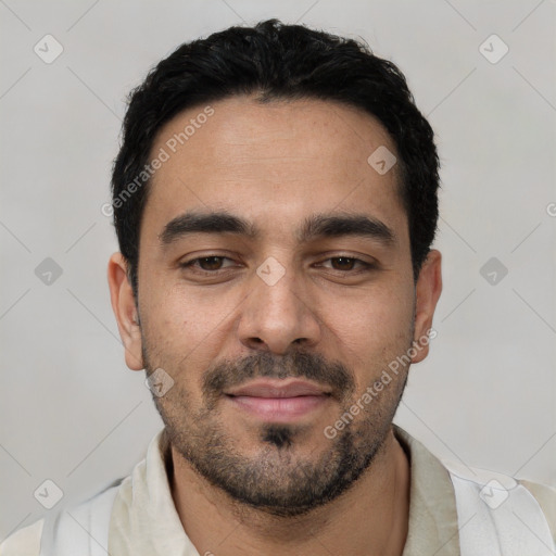 Neutral white young-adult male with short  black hair and brown eyes