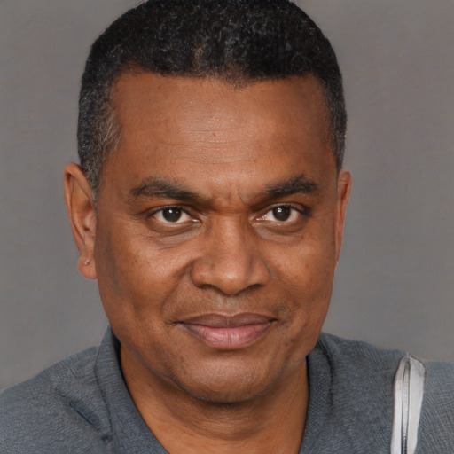 Joyful black adult male with short  black hair and brown eyes