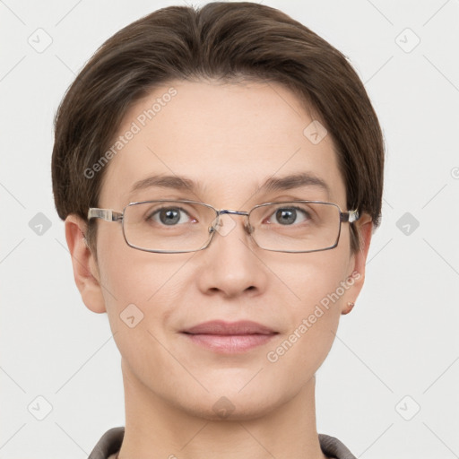 Joyful white young-adult female with short  brown hair and grey eyes