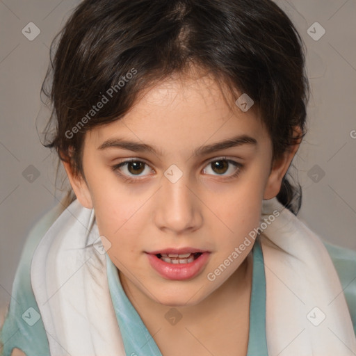 Joyful white child female with medium  brown hair and brown eyes