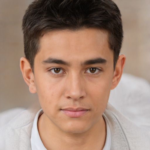 Neutral white young-adult male with short  brown hair and brown eyes