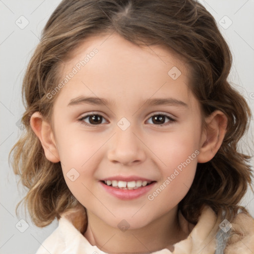 Joyful white child female with medium  brown hair and brown eyes