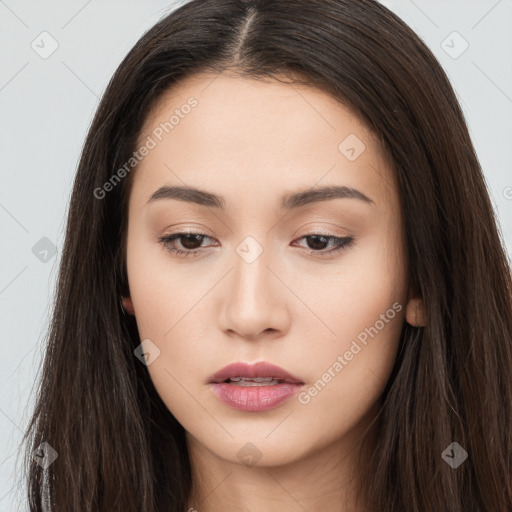 Neutral white young-adult female with long  brown hair and brown eyes