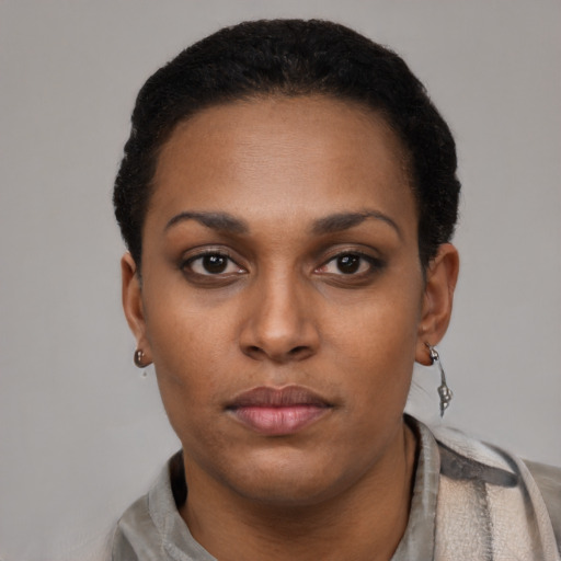 Neutral black young-adult female with short  black hair and brown eyes