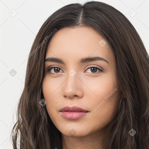 Neutral white young-adult female with long  brown hair and brown eyes