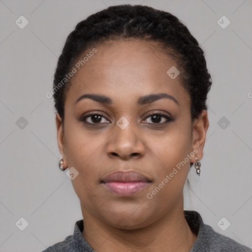 Neutral black young-adult female with short  black hair and brown eyes