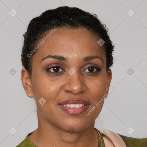 Joyful latino young-adult female with short  brown hair and brown eyes